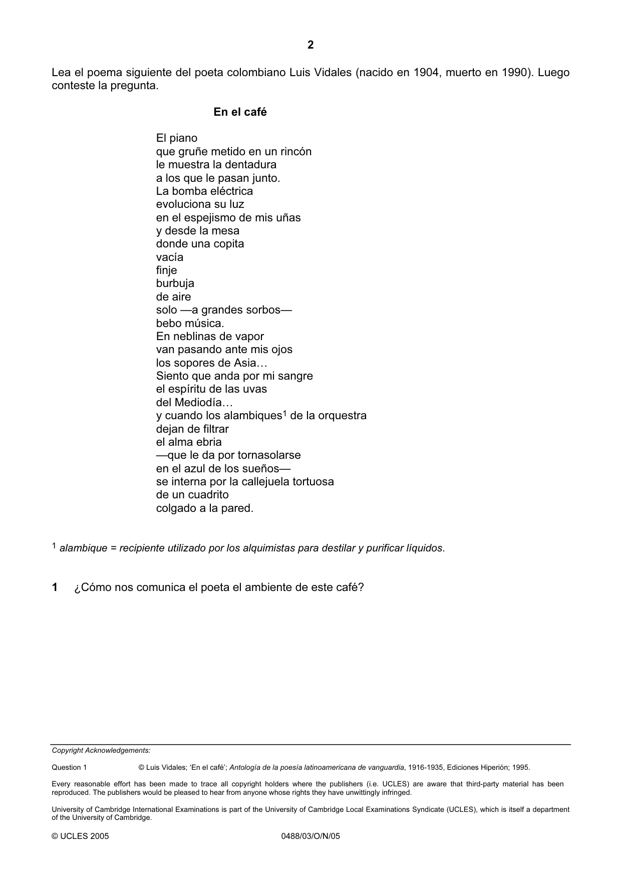 Cambridge IGCSE Spanish - Literature 0488 2005 Oct/Nov Paper 3 · Variant 1 question paper, page 2 of 2