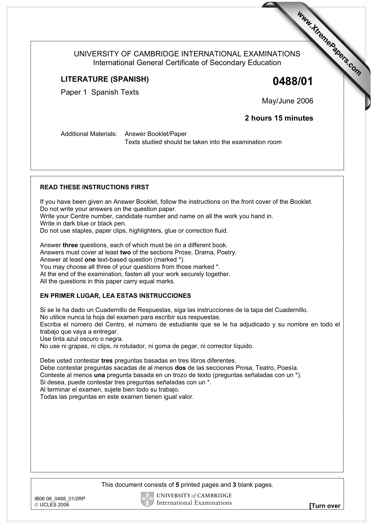 Cambridge IGCSE Spanish - Literature 0488 2006 May/June Paper 1 · Variant 1 question paper, page 1 of 8