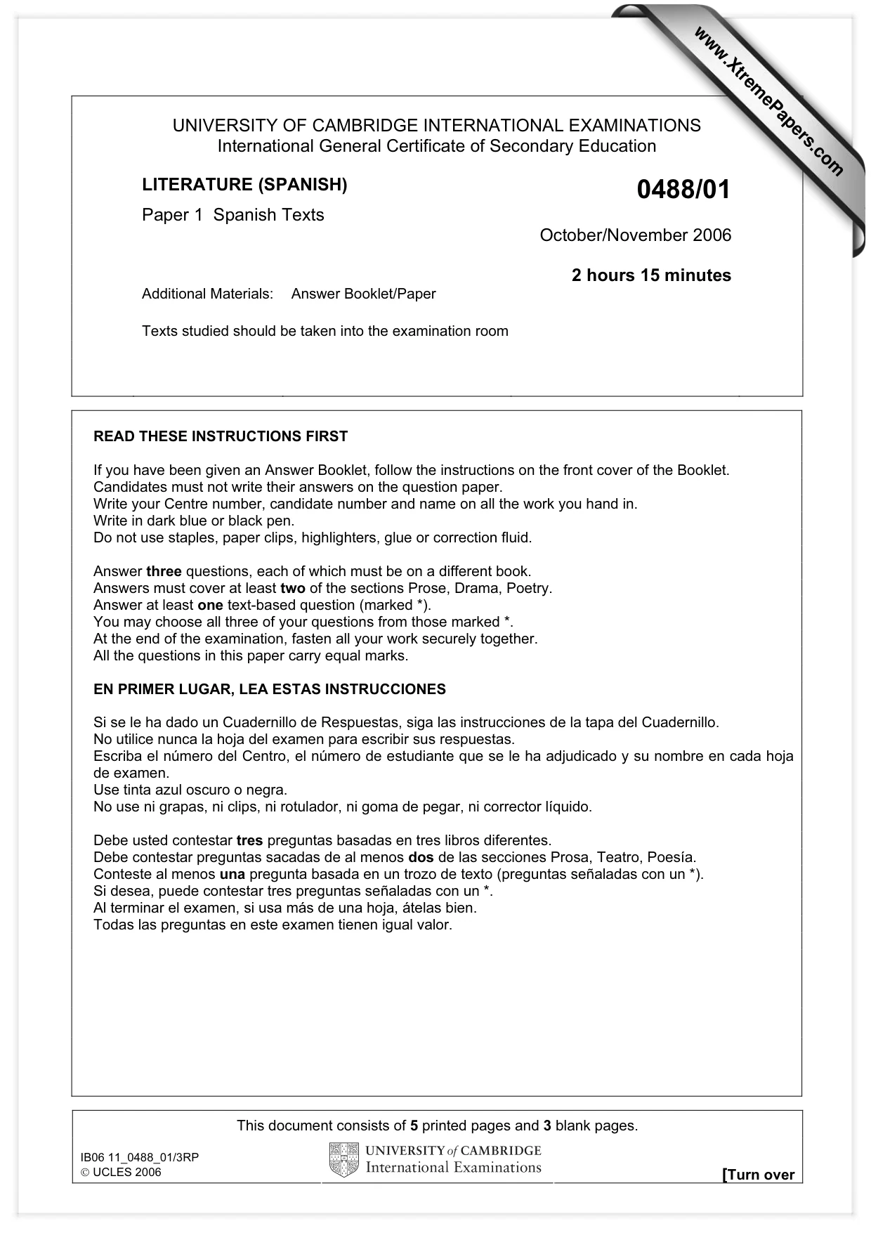 Cambridge IGCSE Spanish - Literature 0488 2006 Oct/Nov Paper 1 · Variant 1 question paper, page 1 of 8