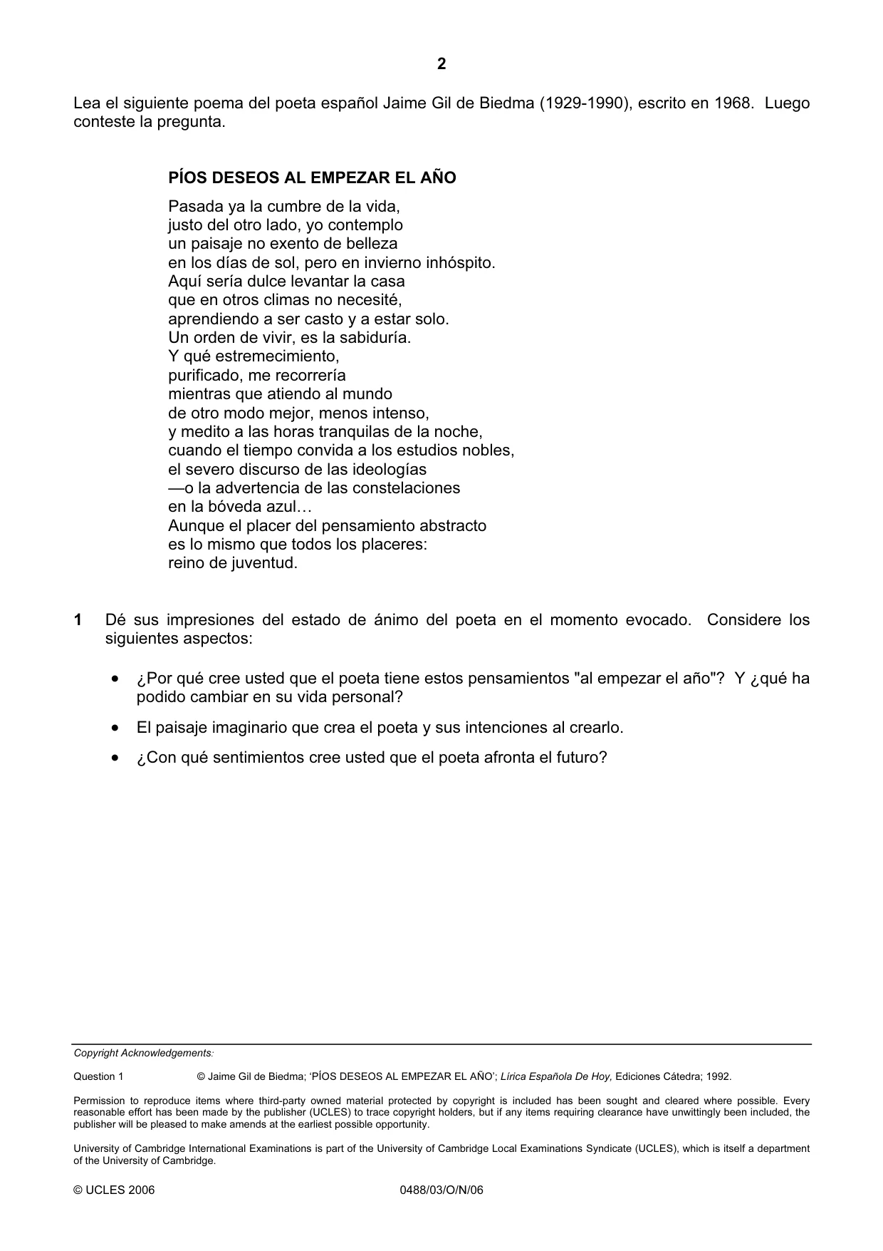Cambridge IGCSE Spanish - Literature 0488 2006 Oct/Nov Paper 3 · Variant 1 question paper, page 2 of 2