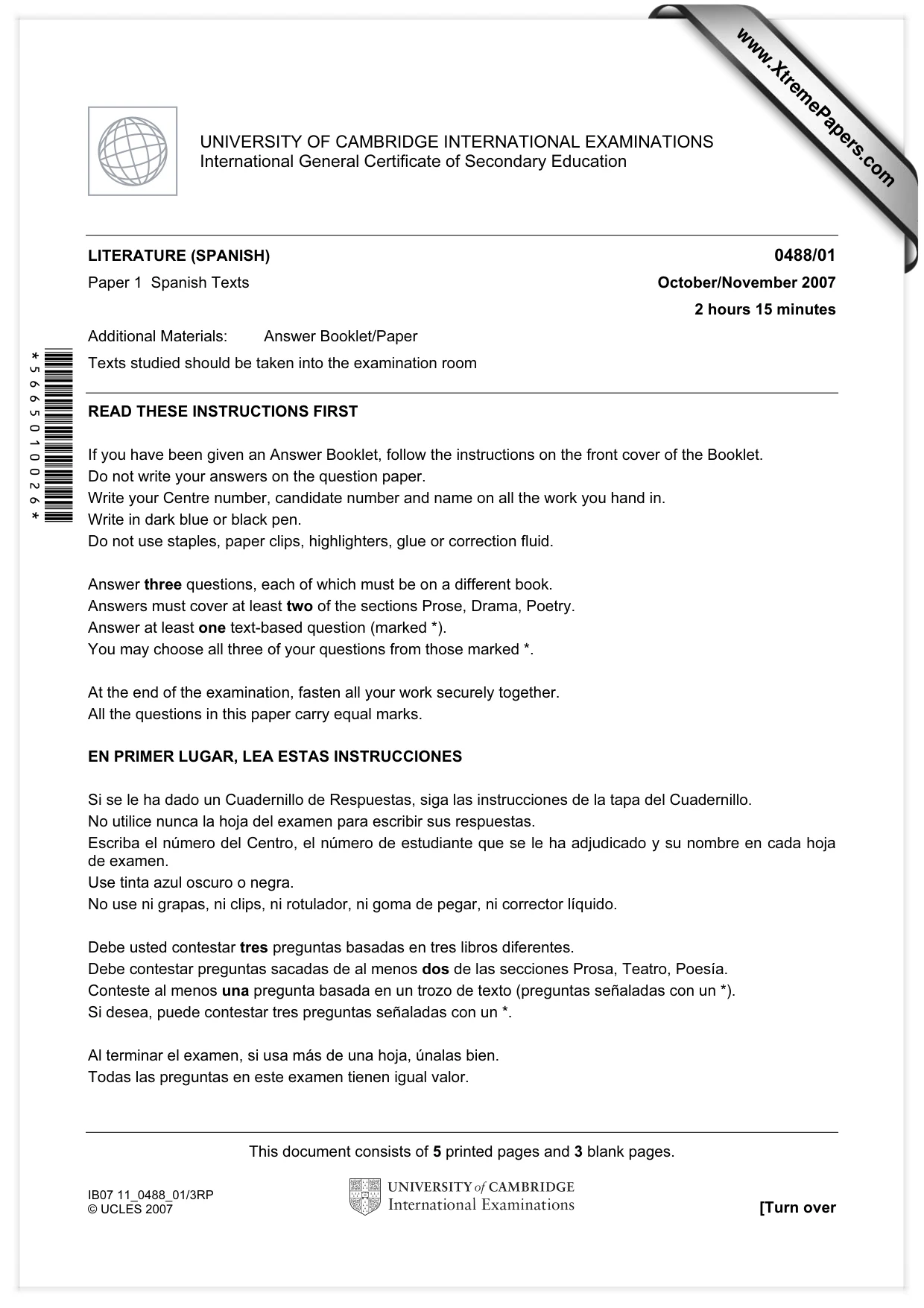 Cambridge IGCSE Spanish - Literature 0488 2007 Oct/Nov Paper 1 · Variant 1 question paper, page 1 of 8