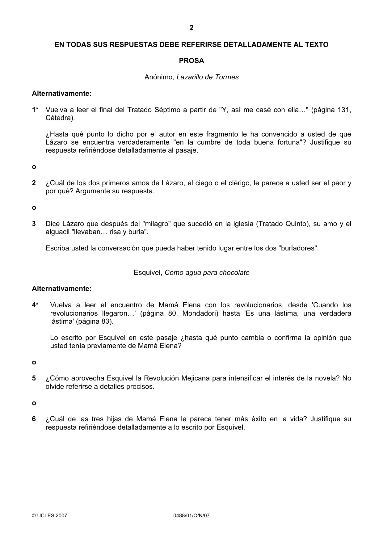Cambridge IGCSE Spanish - Literature 0488 2007 Oct/Nov Paper 1 · Variant 1 question paper, page 2 of 8