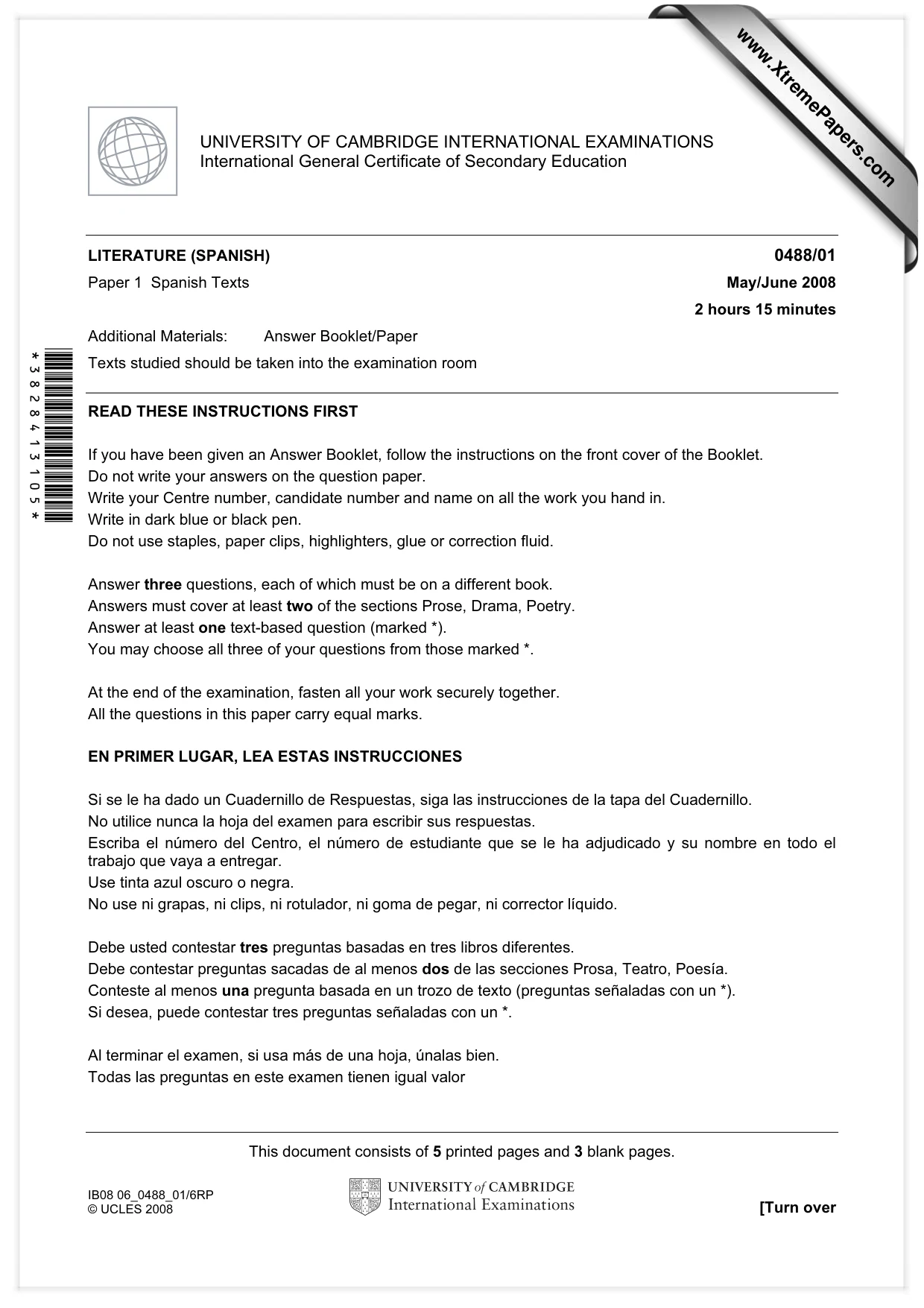 Cambridge IGCSE Spanish - Literature 0488 2008 May/June Paper 1 · Variant 1 question paper, page 1 of 8