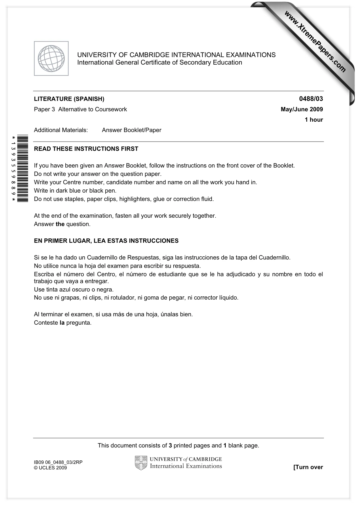 Cambridge IGCSE Spanish - Literature 0488 2009 May/June Paper 3 · Variant 1 question paper, page 1 of 4