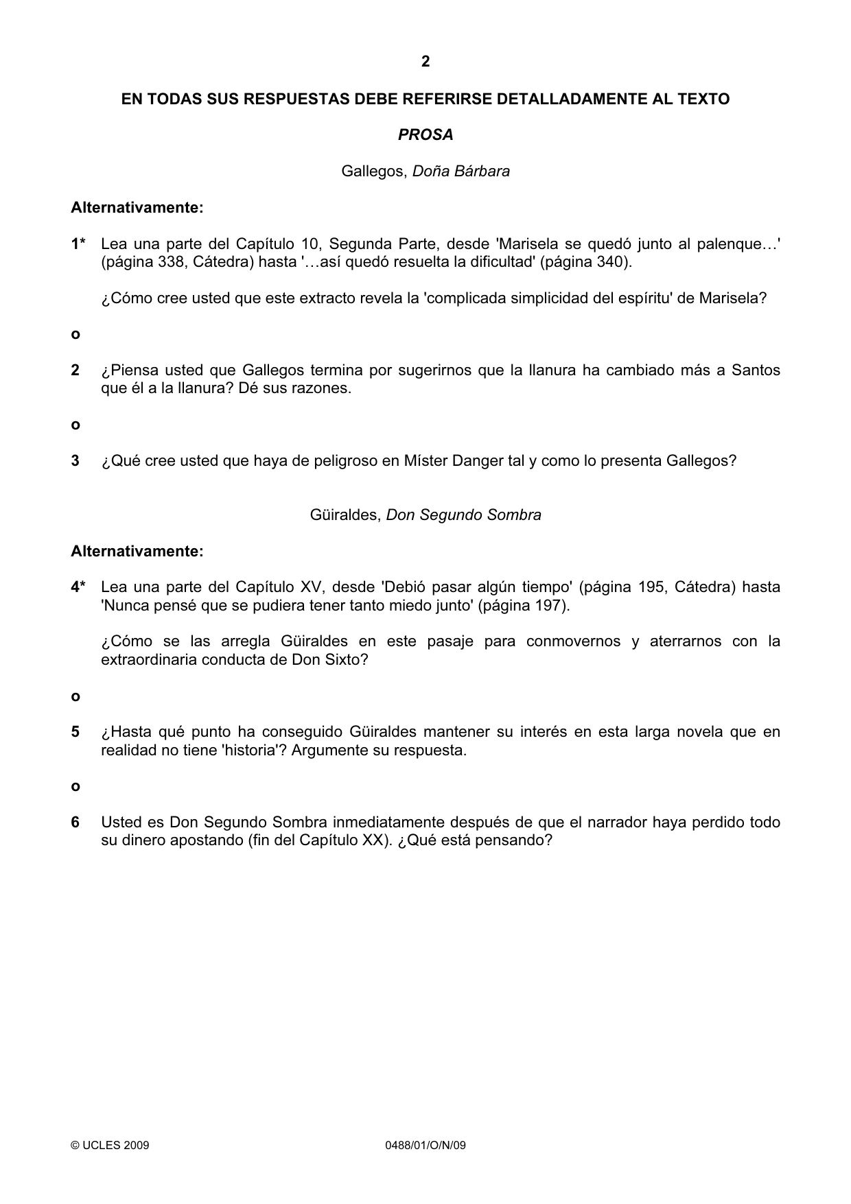 Cambridge IGCSE Spanish - Literature 0488 2009 Oct/Nov Paper 1 · Variant 1 question paper, page 2 of 8