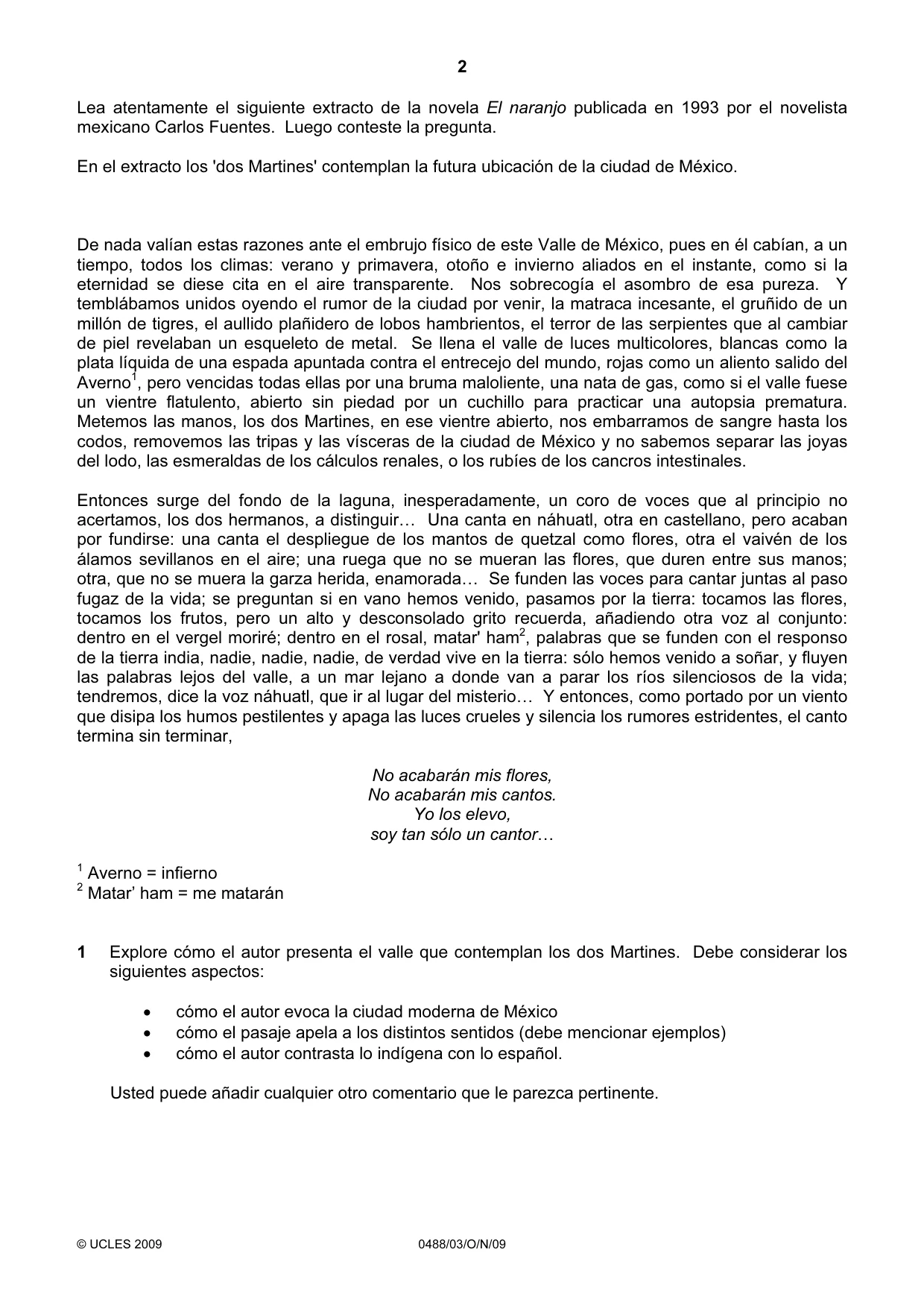Cambridge IGCSE Spanish - Literature 0488 2009 Oct/Nov Paper 3 · Variant 1 question paper, page 2 of 4