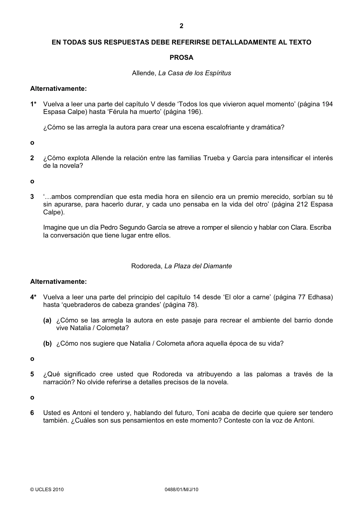 Cambridge IGCSE Spanish - Literature 0488 2010 May/June Paper 1 · Variant 1 question paper, page 2 of 8