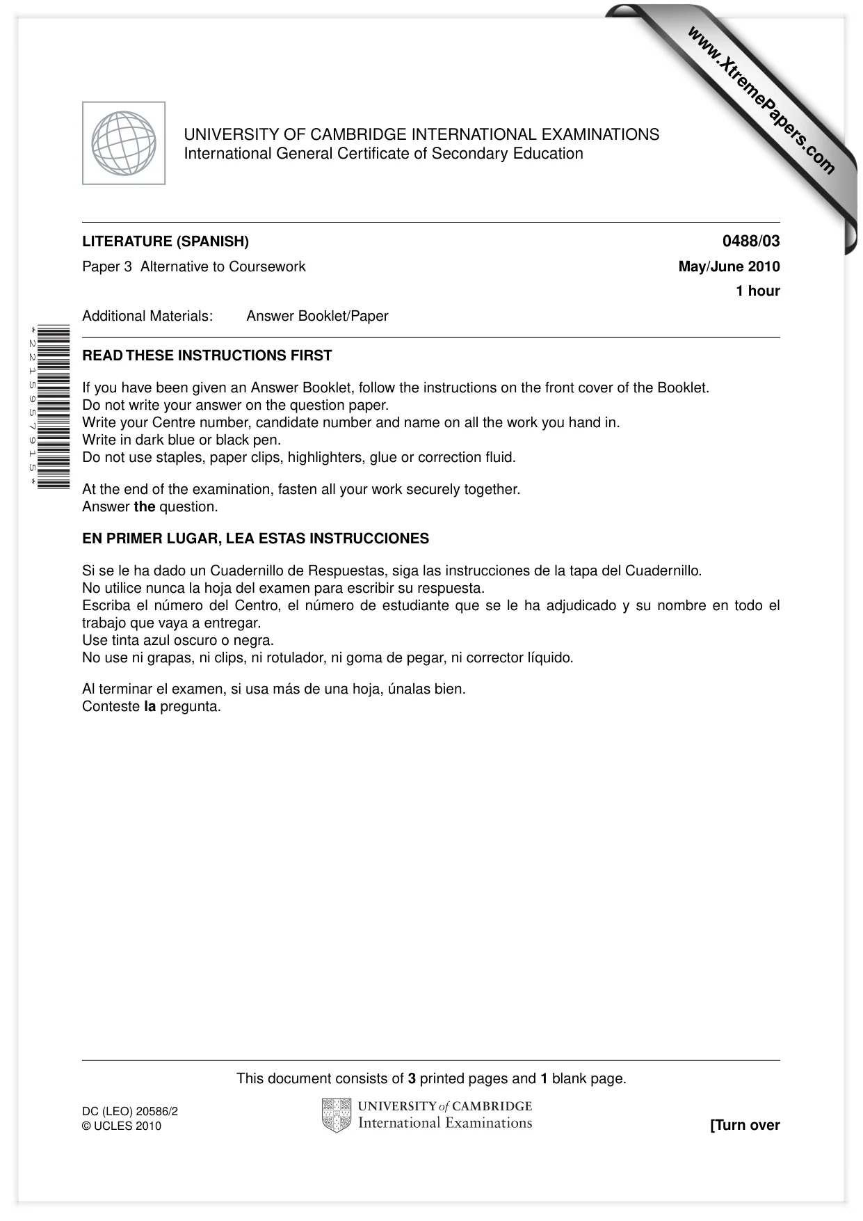 Cambridge IGCSE Spanish - Literature 0488 2010 May/June Paper 3 · Variant 1 question paper, page 1 of 4