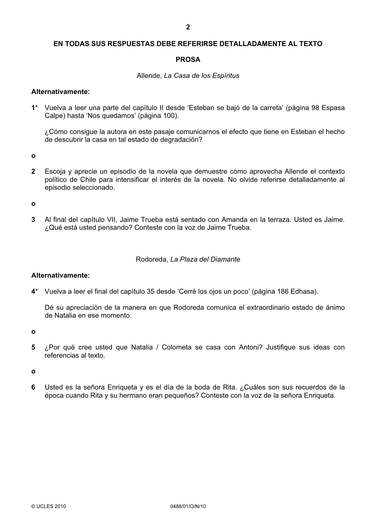 Cambridge IGCSE Spanish - Literature 0488 2010 Oct/Nov Paper 1 · Variant 1 question paper, page 2 of 8