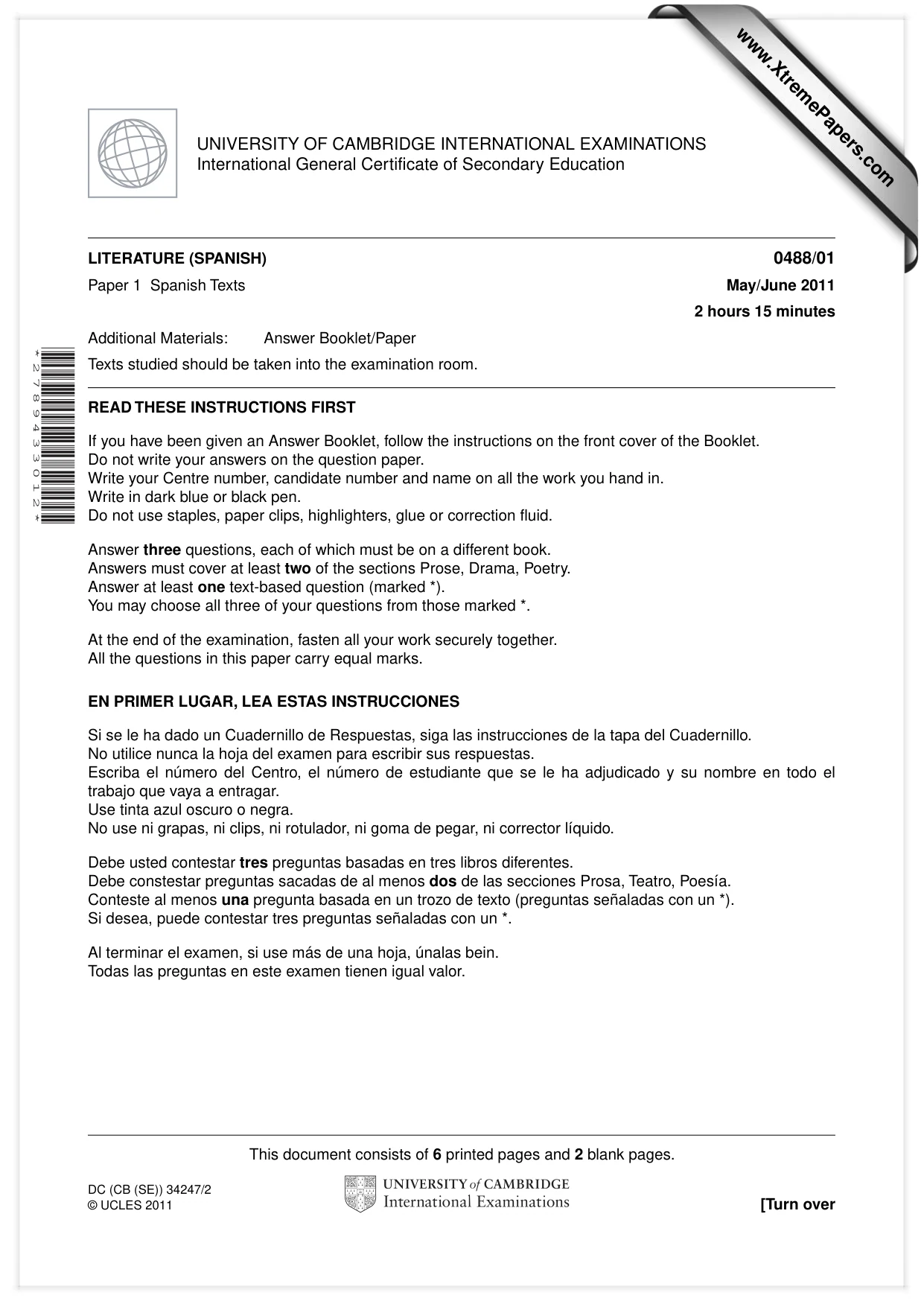 Cambridge IGCSE Spanish - Literature 0488 2011 May/June Paper 1 · Variant 1 question paper, page 1 of 8