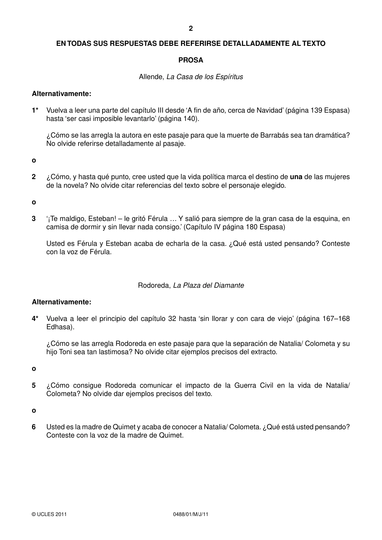 Cambridge IGCSE Spanish - Literature 0488 2011 May/June Paper 1 · Variant 1 question paper, page 2 of 8