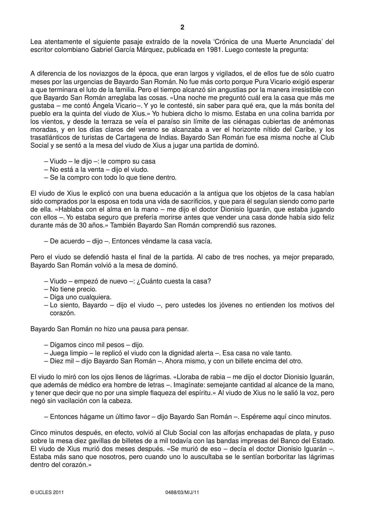 Cambridge IGCSE Spanish - Literature 0488 2011 May/June Paper 3 · Variant 1 question paper, page 2 of 4