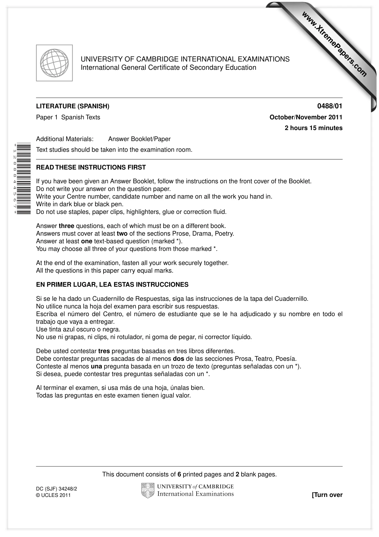 Cambridge IGCSE Spanish - Literature 0488 2011 Oct/Nov Paper 1 · Variant 1 question paper, page 1 of 8