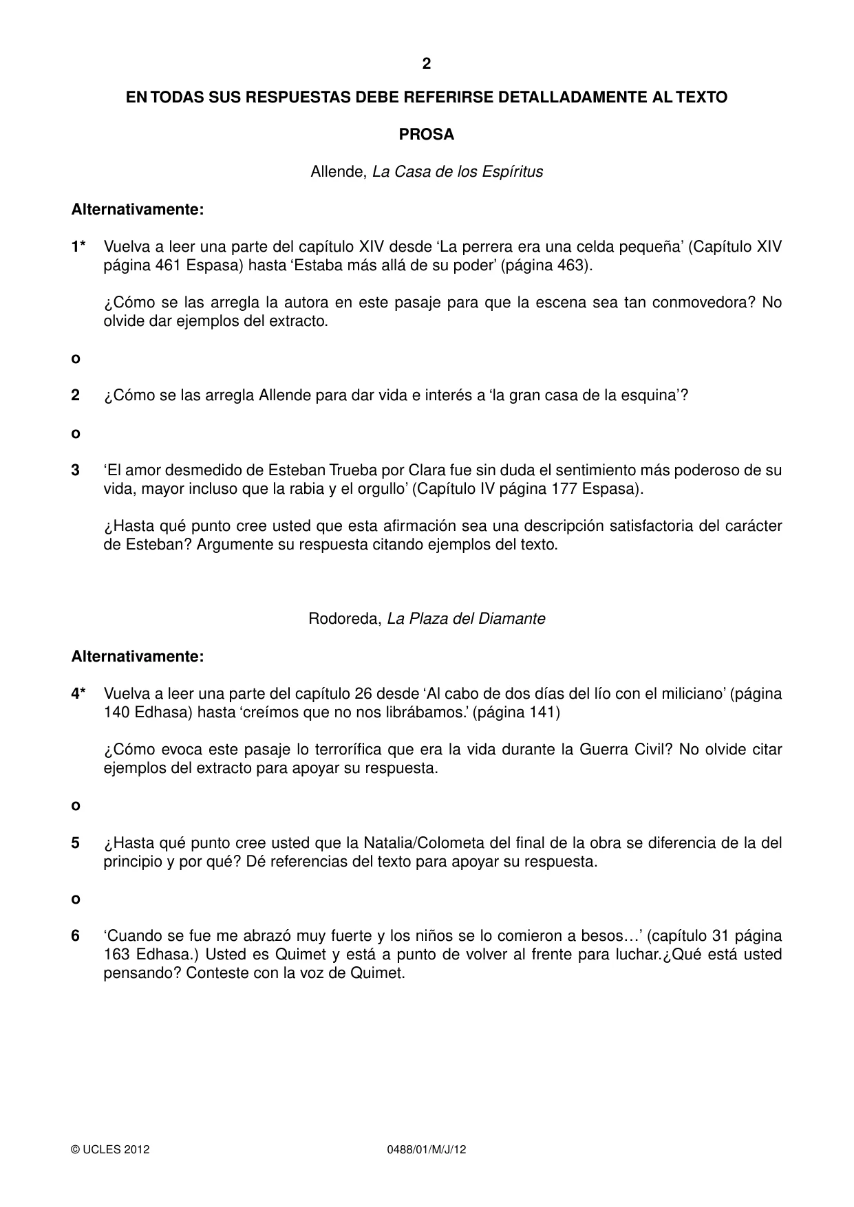Cambridge IGCSE Spanish - Literature 0488 2012 May/June Paper 1 · Variant 1 question paper, page 2 of 8
