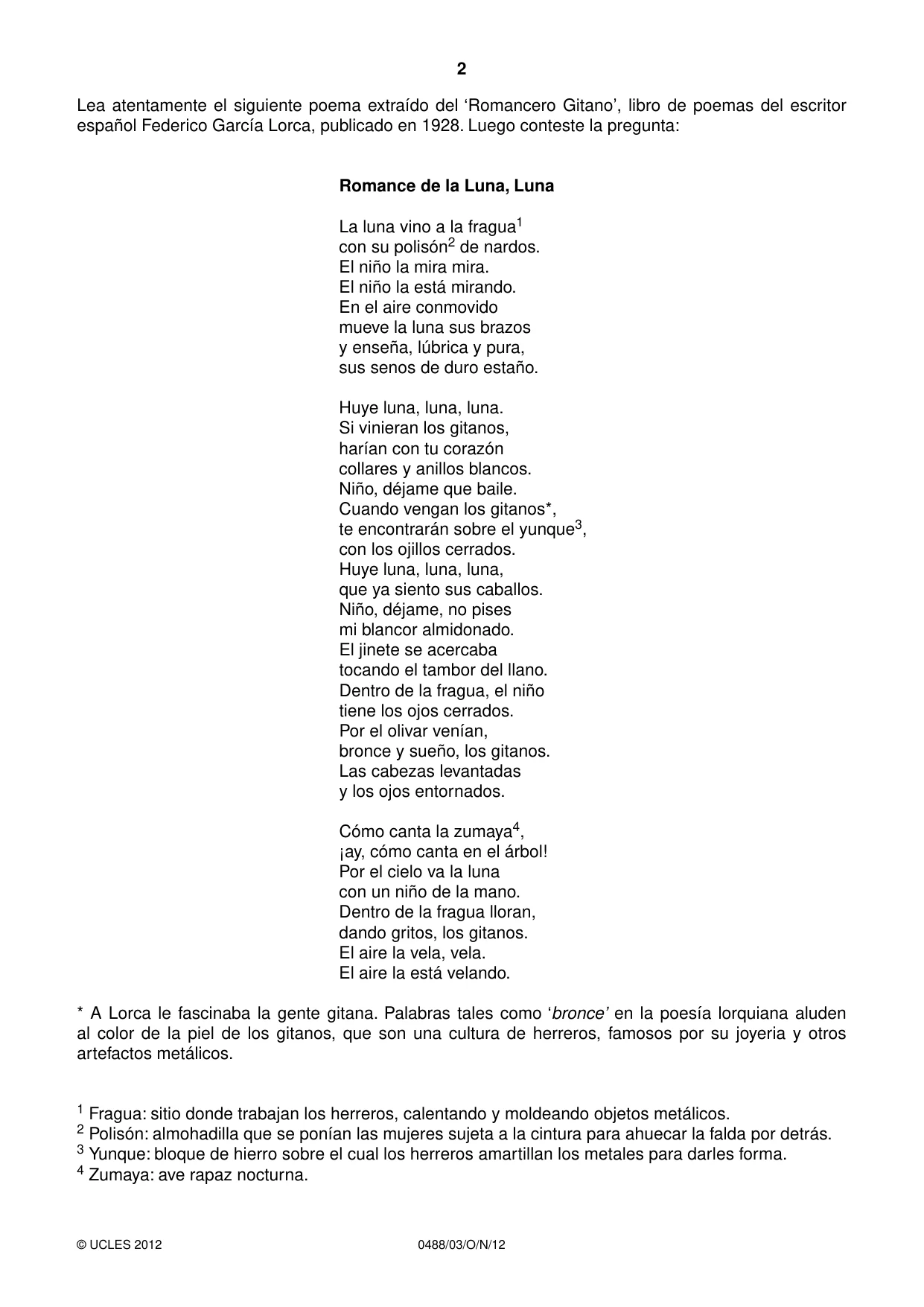 Cambridge IGCSE Spanish - Literature 0488 2012 Oct/Nov Paper 3 · Variant 1 question paper, page 2 of 4