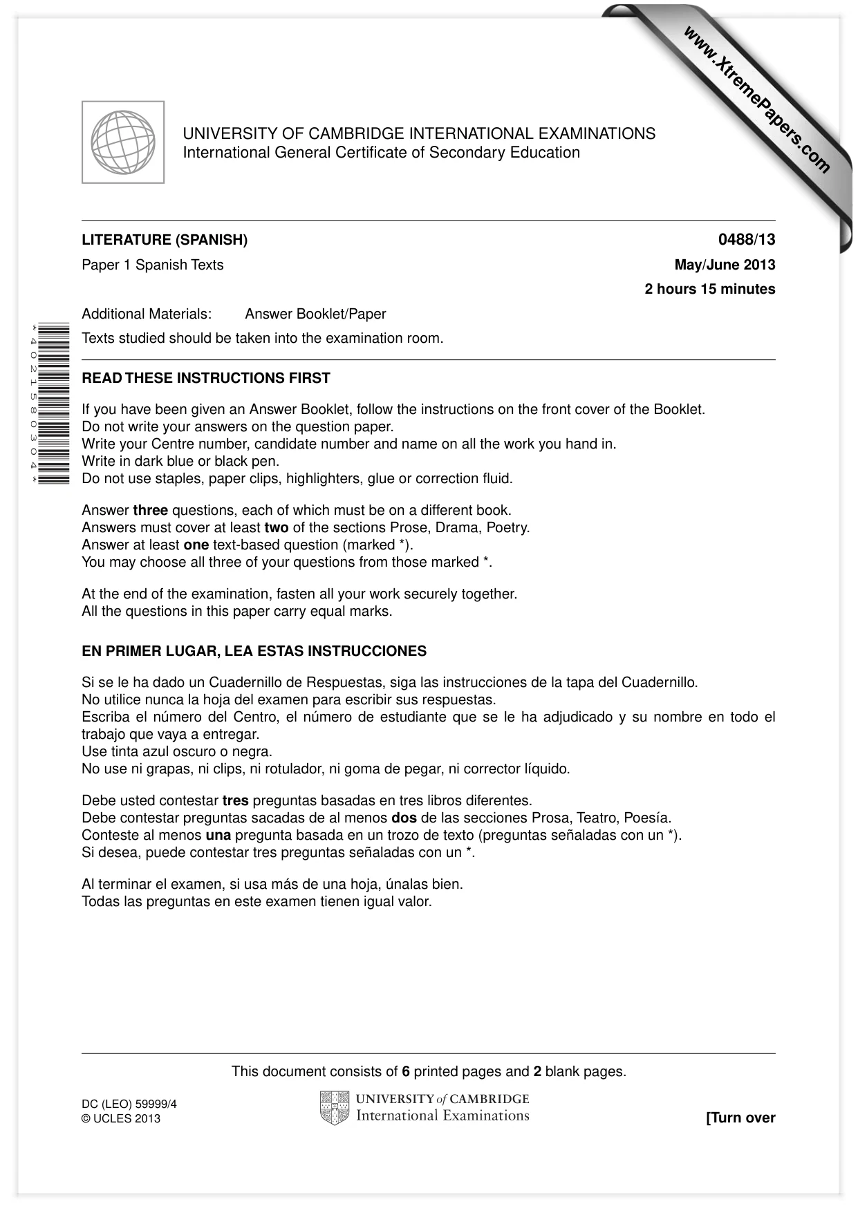 Cambridge IGCSE Spanish - Literature 0488 2013 May/June Paper 1 · Variant 3 question paper, page 1 of 8
