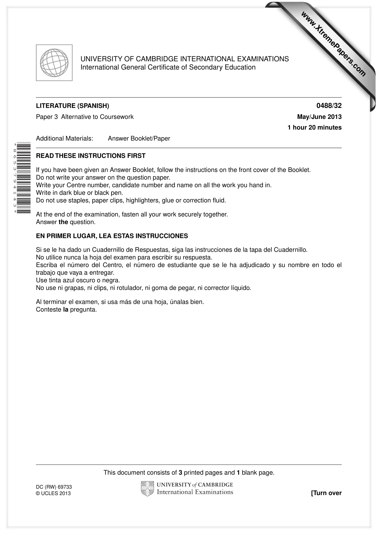 Cambridge IGCSE Spanish - Literature 0488 2013 May/June Paper 3 · Variant 2 question paper, page 1 of 4