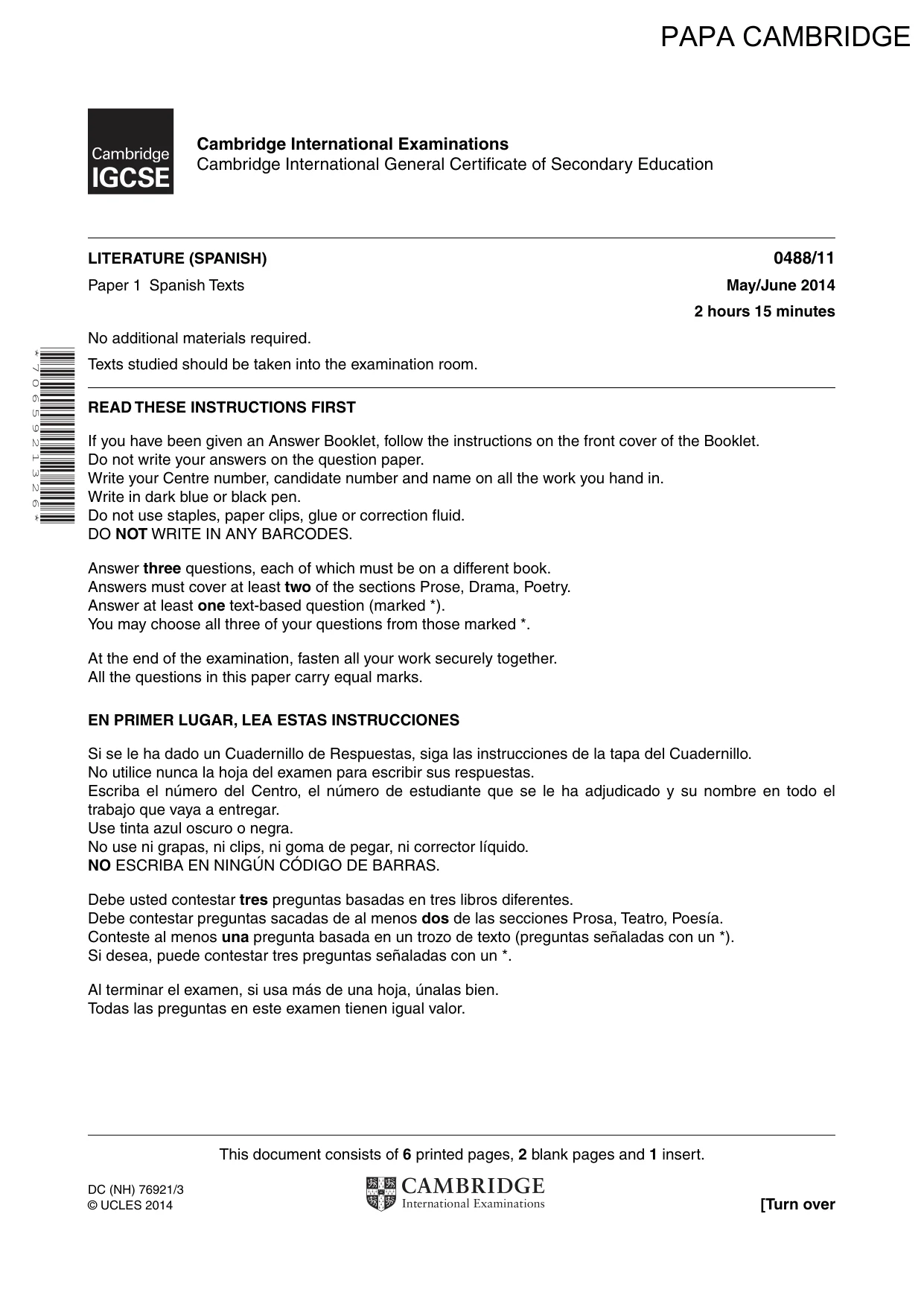 Cambridge IGCSE Spanish - Literature 0488 2014 May/June Paper 1 · Variant 1 question paper, page 1 of 8