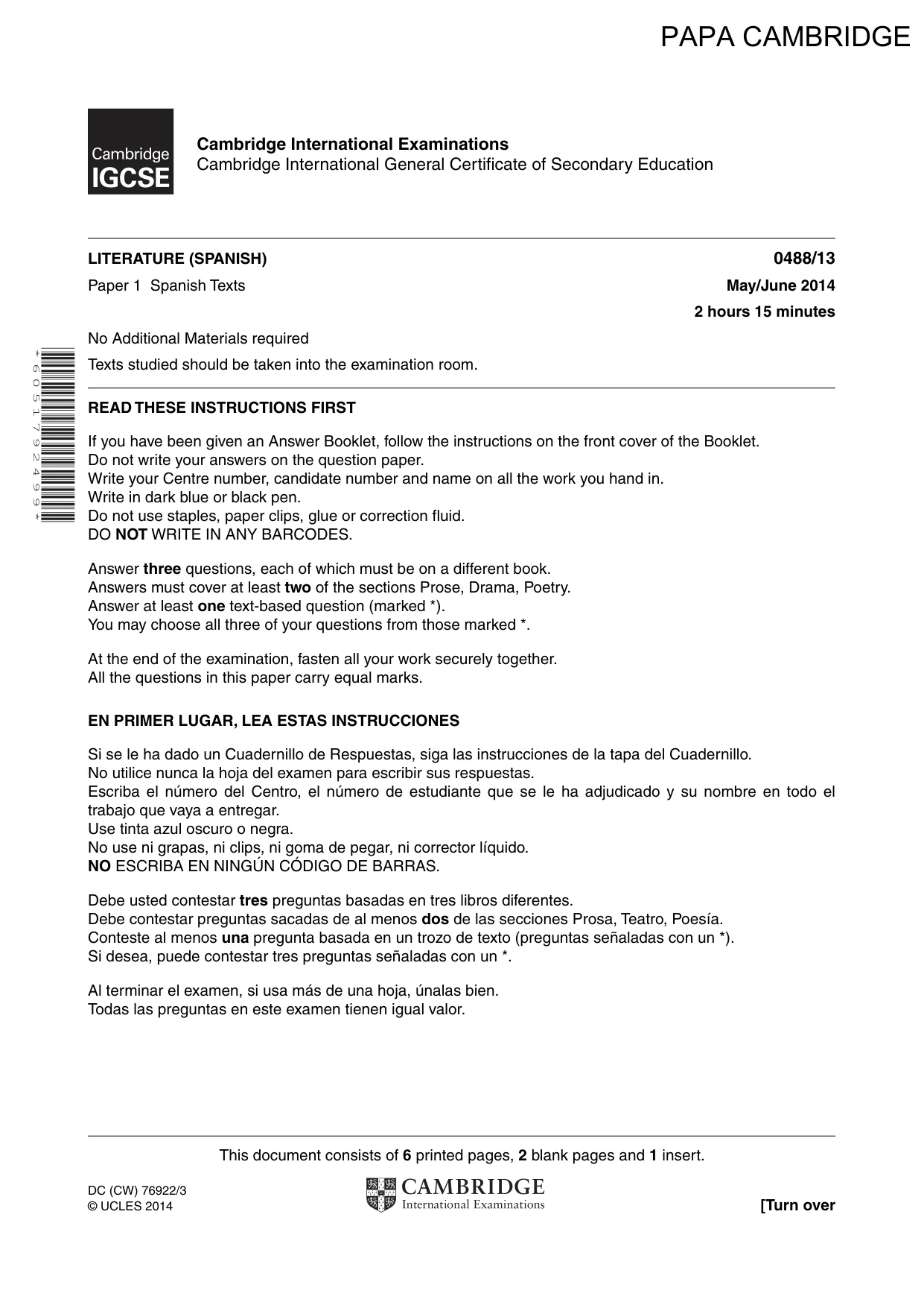 Cambridge IGCSE Spanish - Literature 0488 2014 May/June Paper 1 · Variant 3 question paper, page 1 of 8