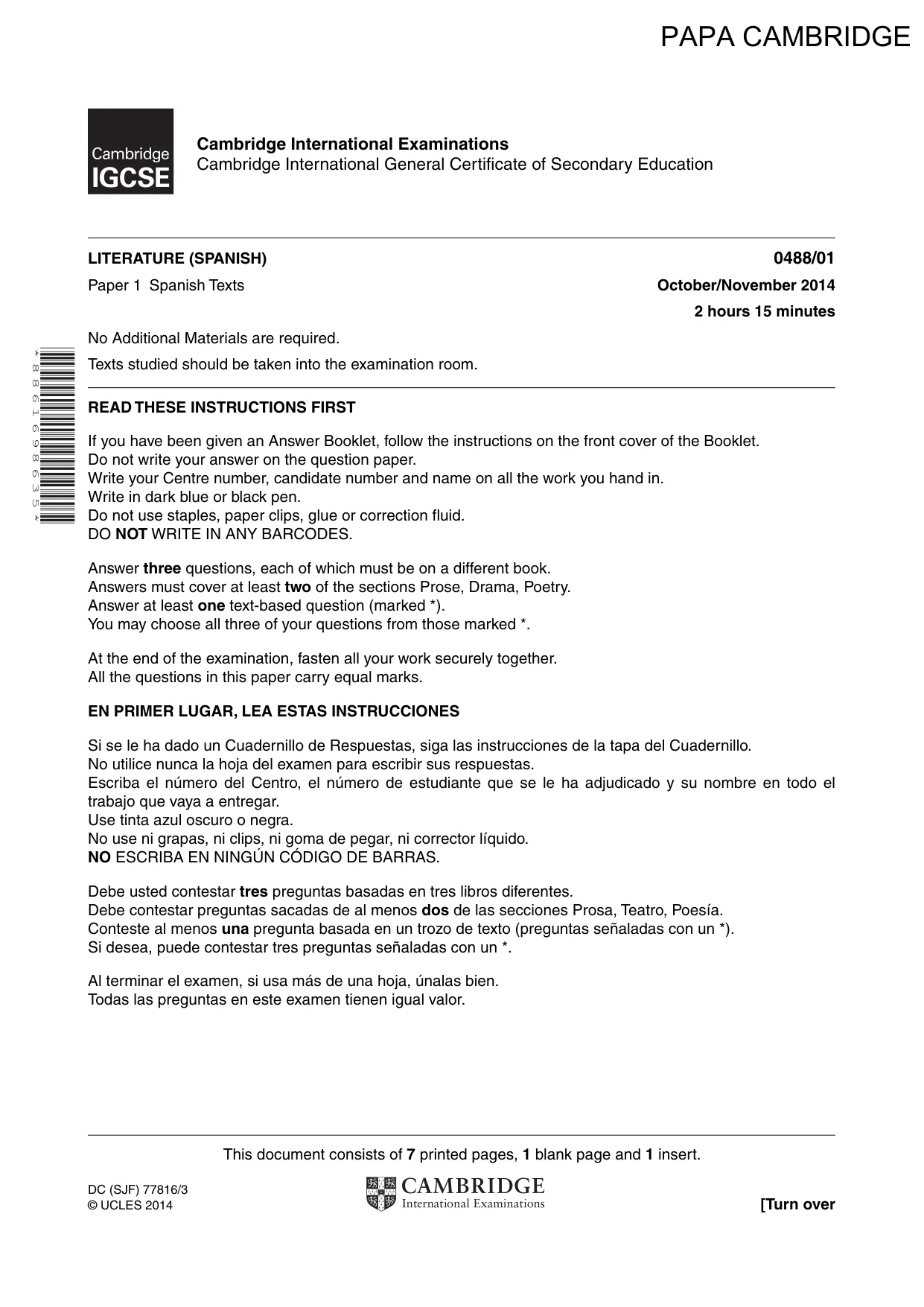 Cambridge IGCSE Spanish - Literature 0488 2014 Oct/Nov Paper 1 · Variant 1 question paper, page 1 of 8