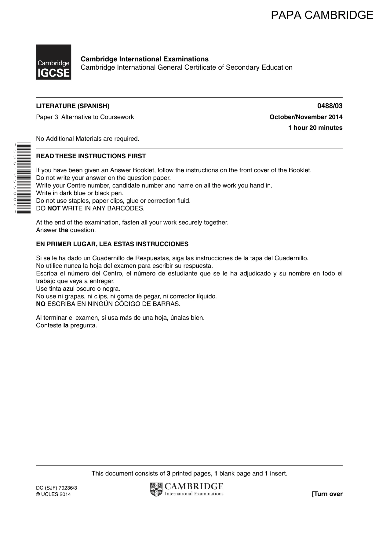 Cambridge IGCSE Spanish - Literature 0488 2014 Oct/Nov Paper 3 · Variant 1 question paper, page 1 of 4