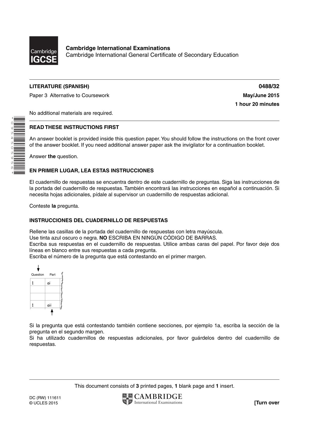 Cambridge IGCSE Spanish - Literature 0488 2015 May/June Paper 3 · Variant 2 question paper, page 1 of 4