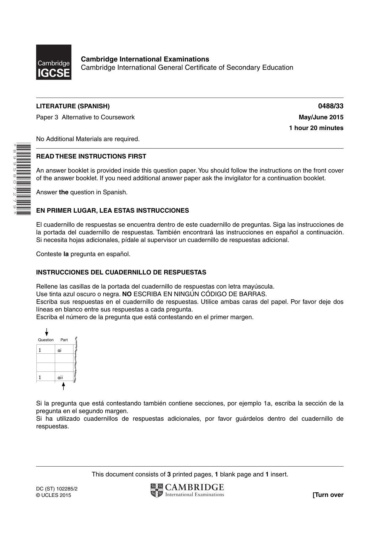 Cambridge IGCSE Spanish - Literature 0488 2015 May/June Paper 3 · Variant 3 question paper, page 1 of 4