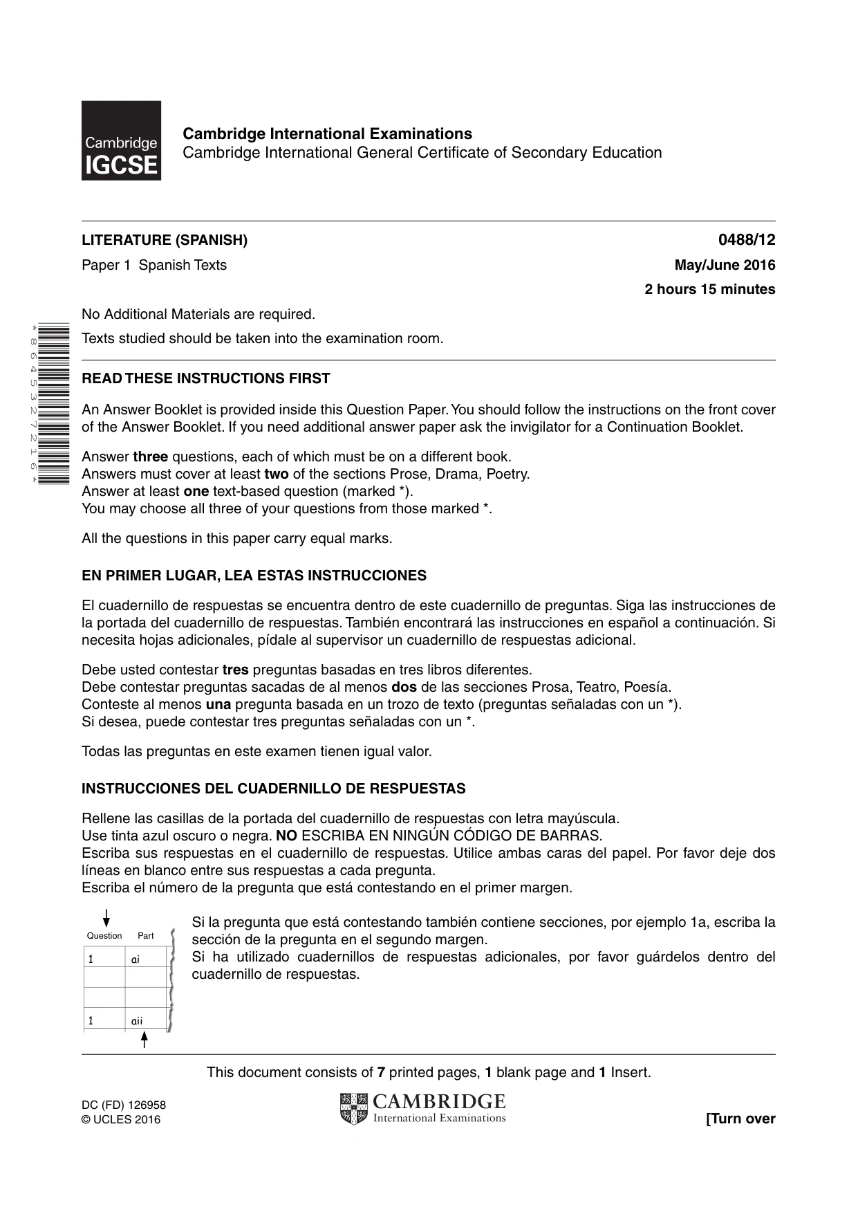 Cambridge IGCSE Spanish - Literature 0488 2016 May/June Paper 1 · Variant 2 question paper, page 1 of 8