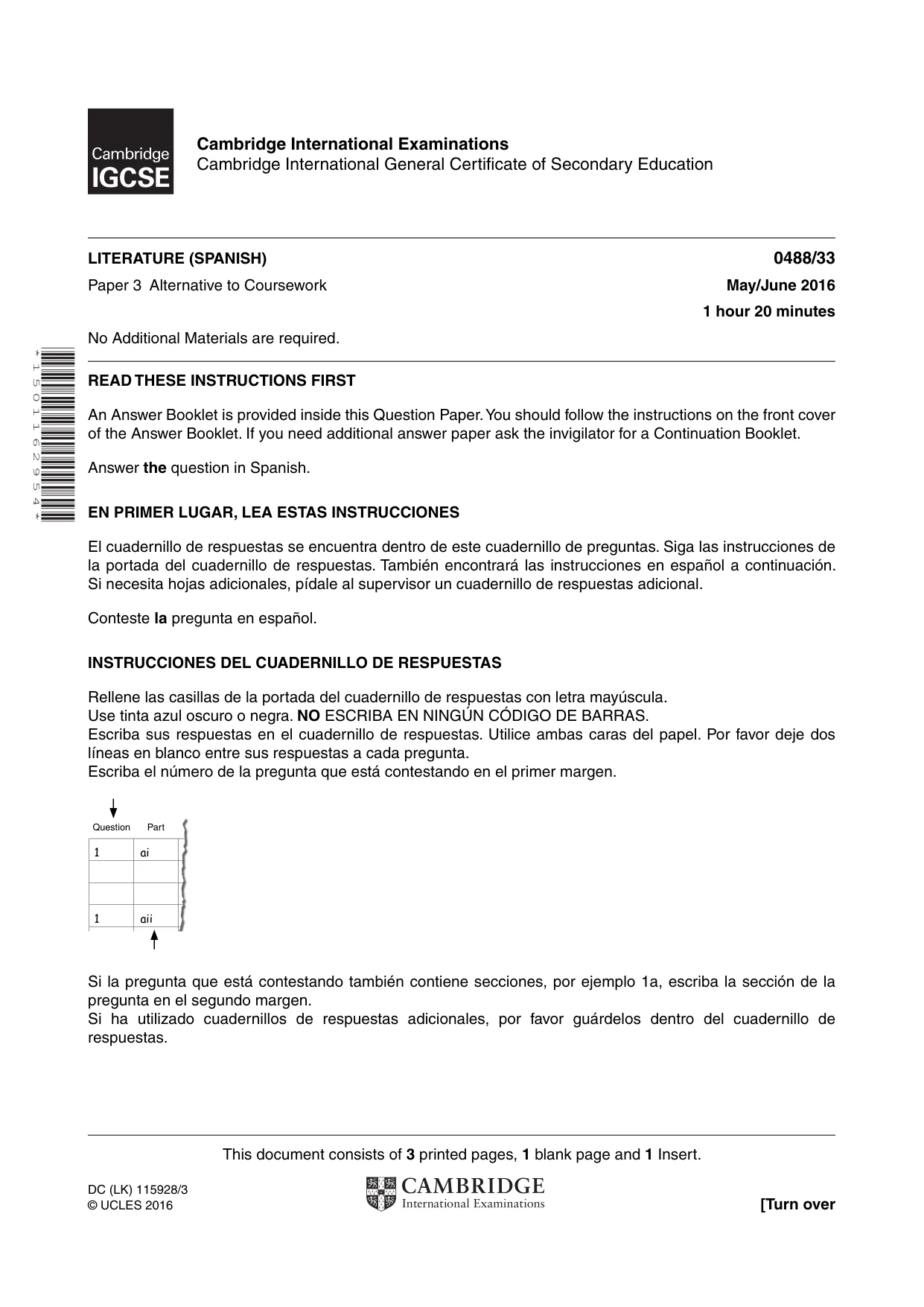 Cambridge IGCSE Spanish - Literature 0488 2016 May/June Paper 3 · Variant 3 question paper, page 1 of 4