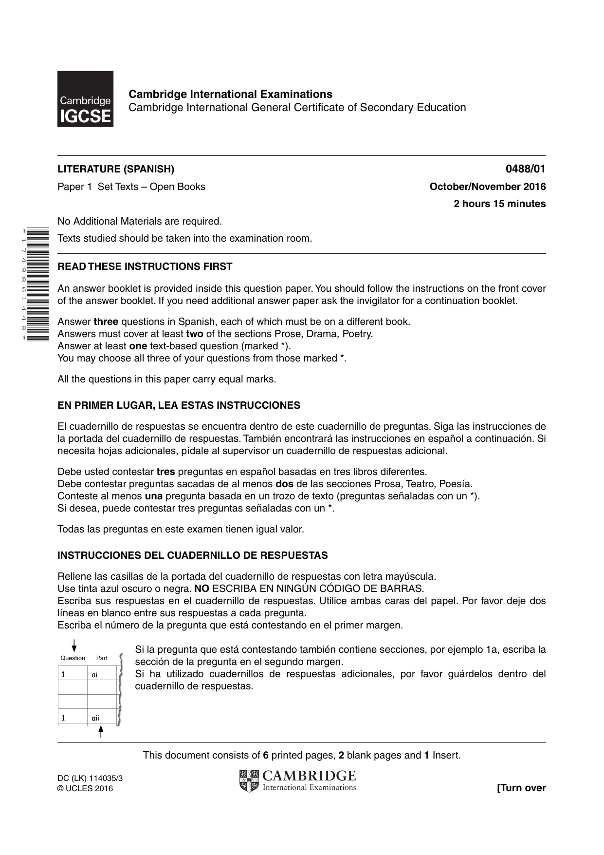 Cambridge IGCSE Spanish - Literature 0488 2016 Oct/Nov Paper 1 · Variant 1 question paper, page 1 of 8