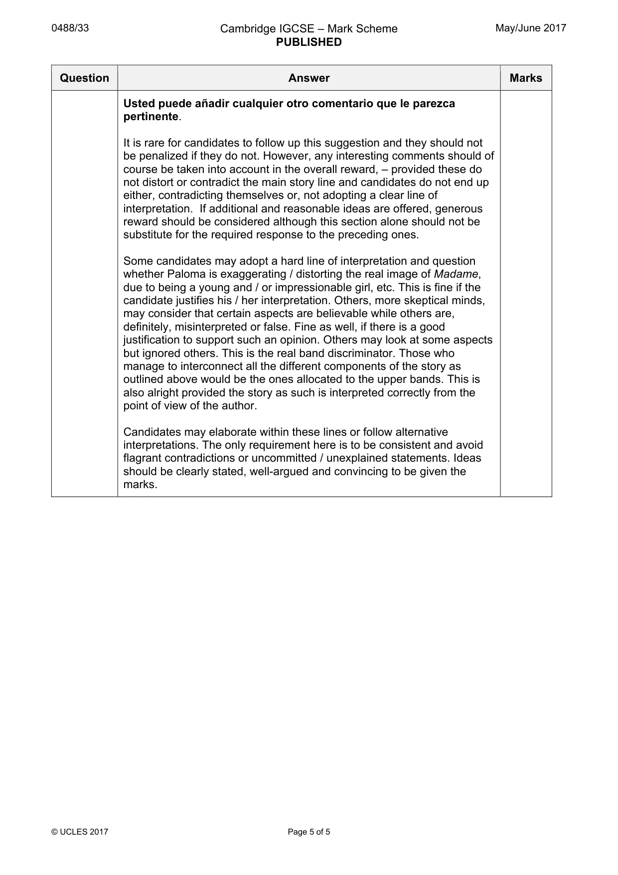 Mark scheme, page 5 of 5