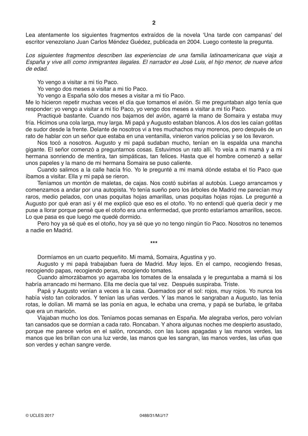 Cambridge IGCSE Spanish - Literature 0488 2017 May/June Paper 3 · Variant 1 question paper, page 2 of 4