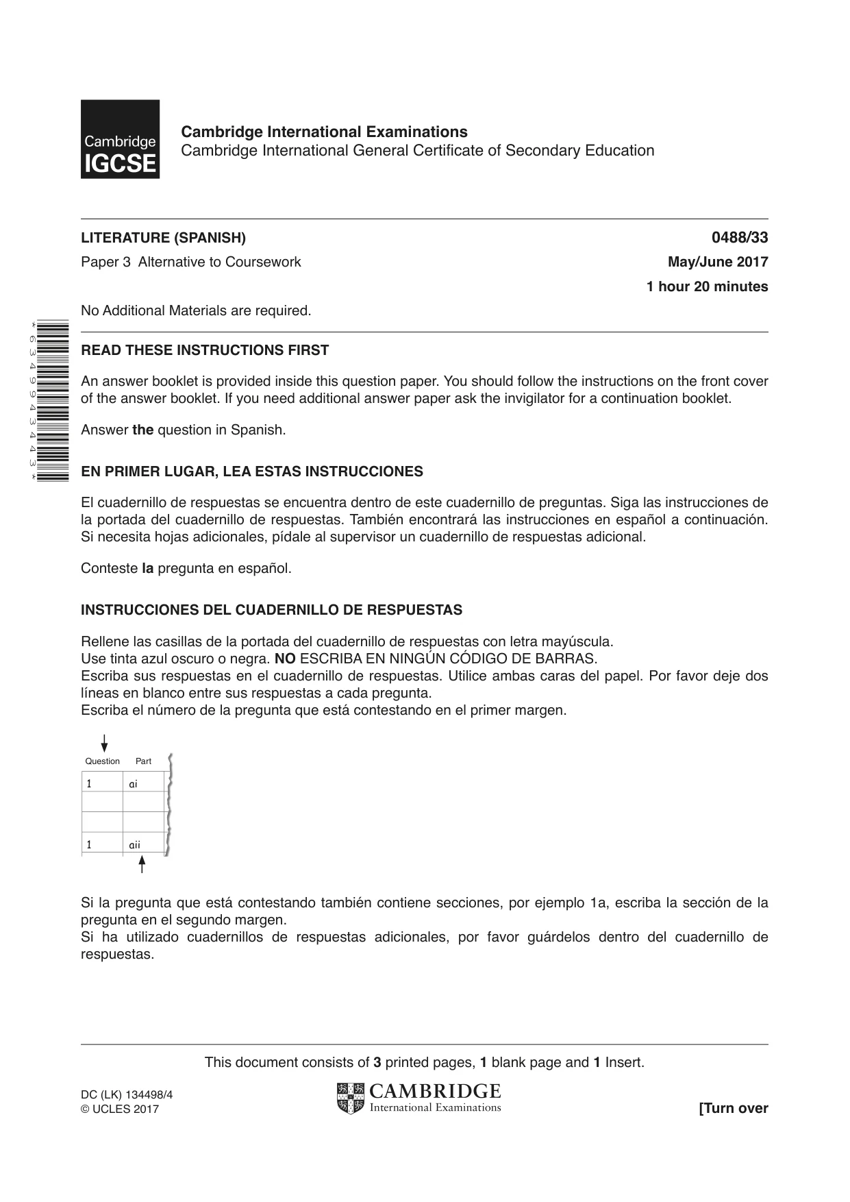 Cambridge IGCSE Spanish - Literature 0488 2017 May/June Paper 3 · Variant 3 question paper, page 1 of 4