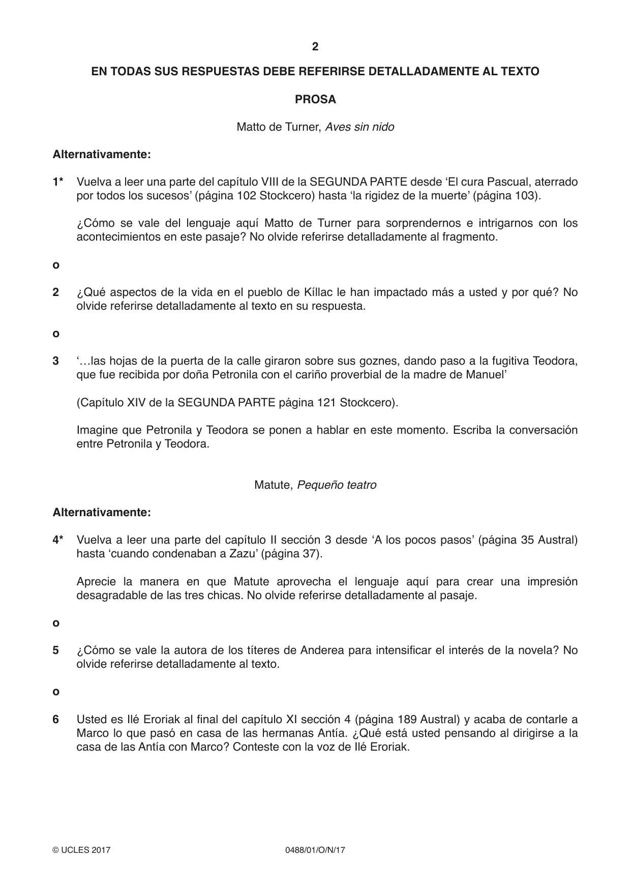 Cambridge IGCSE Spanish - Literature 0488 2017 Oct/Nov Paper 1 · Variant 1 question paper, page 2 of 8