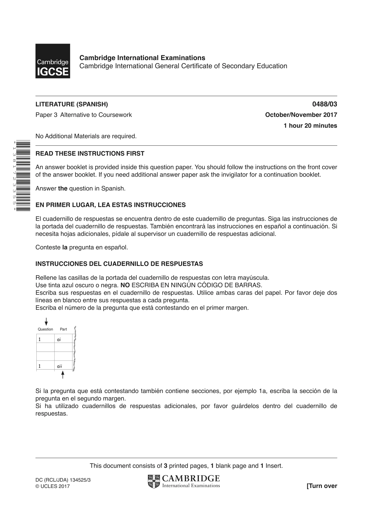 Cambridge IGCSE Spanish - Literature 0488 2017 Oct/Nov Paper 3 · Variant 1 question paper, page 1 of 4