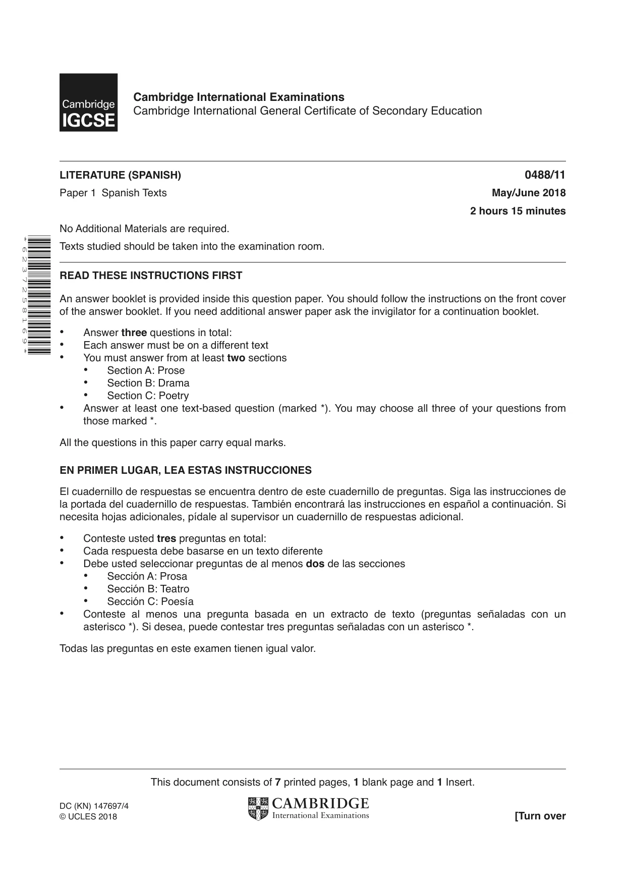 Cambridge IGCSE Spanish - Literature 0488 2018 May/June Paper 1 · Variant 1 question paper, page 1 of 8