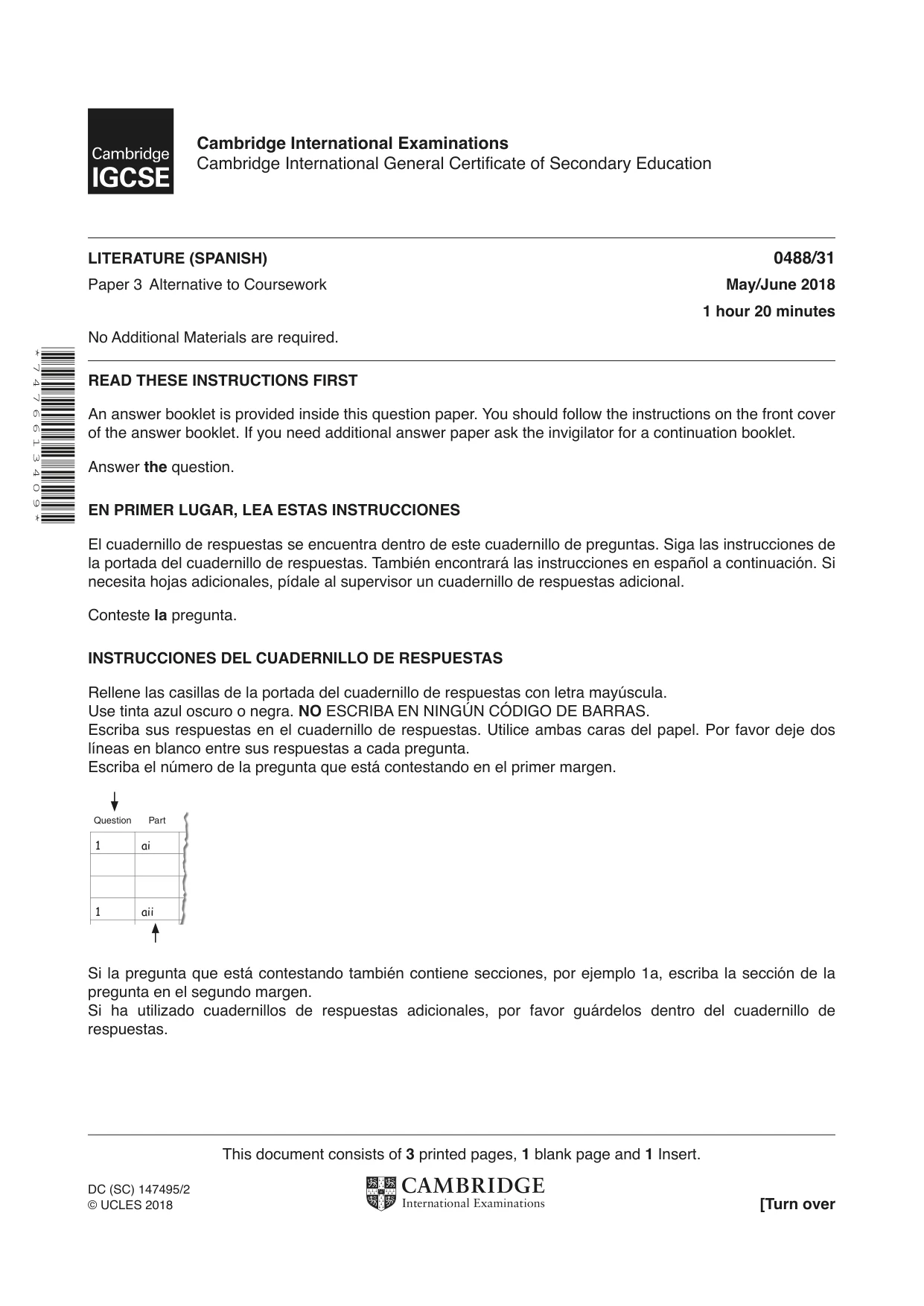 Cambridge IGCSE Spanish - Literature 0488 2018 May/June Paper 3 · Variant 1 question paper, page 1 of 4