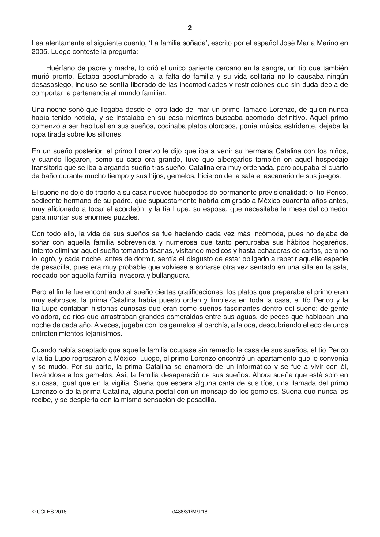 Cambridge IGCSE Spanish - Literature 0488 2018 May/June Paper 3 · Variant 1 question paper, page 2 of 4