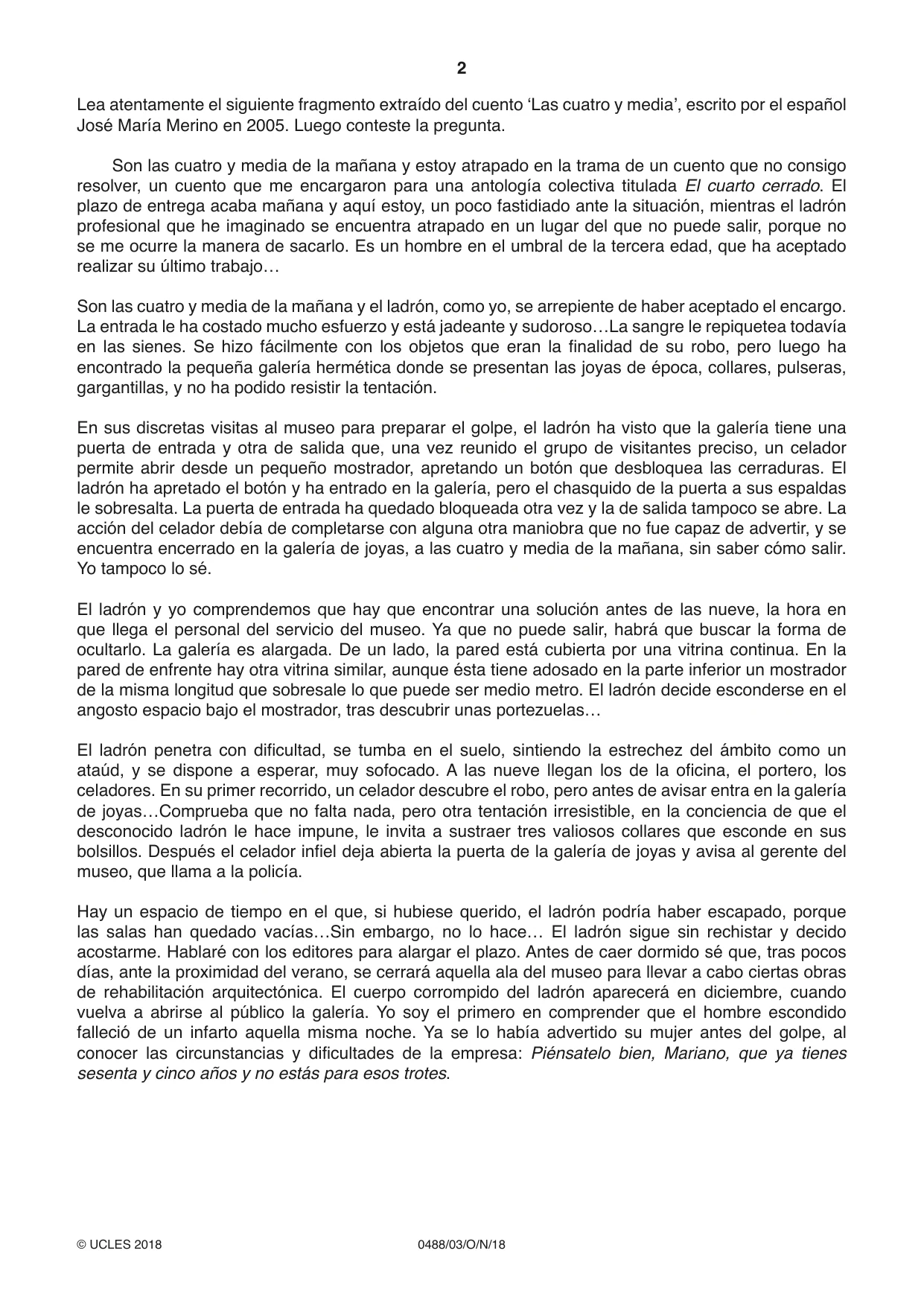 Cambridge IGCSE Spanish - Literature 0488 2018 Oct/Nov Paper 3 · Variant 0 question paper, page 2 of 4
