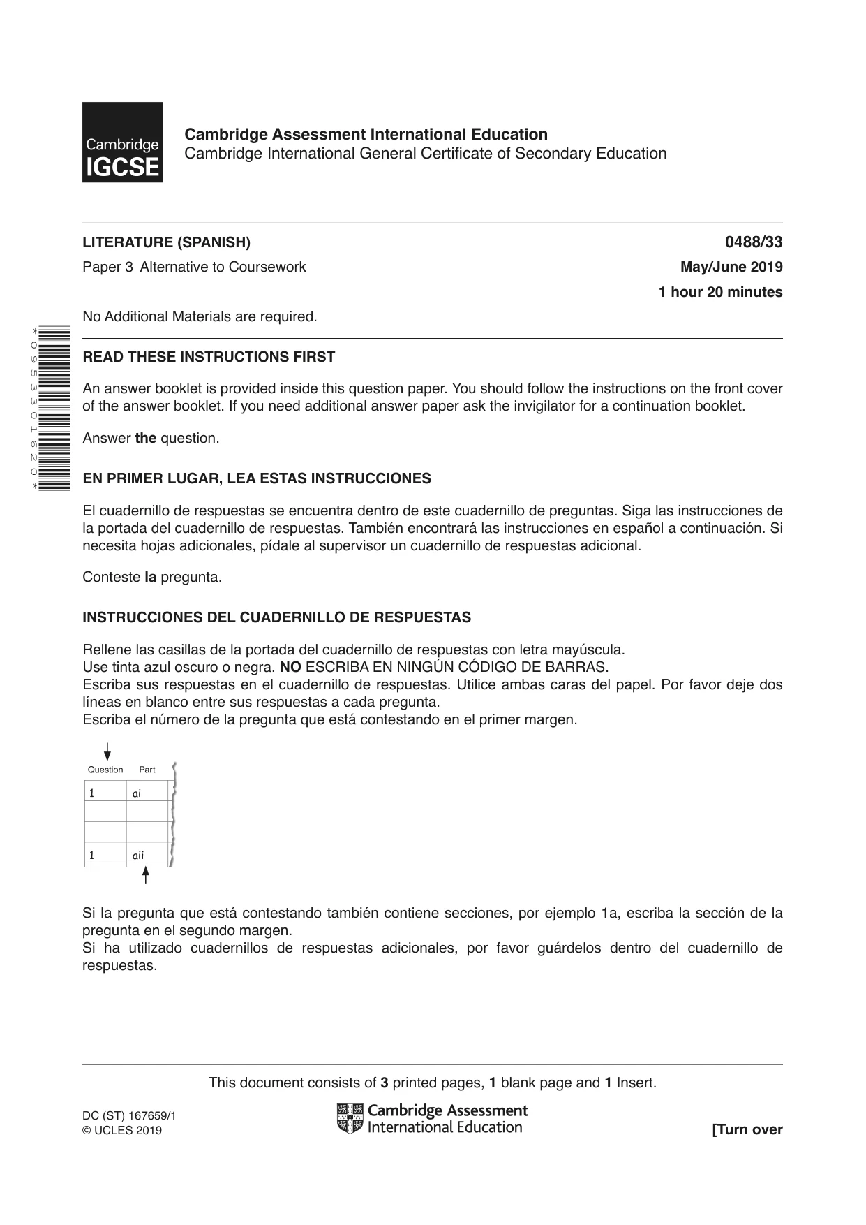 Cambridge IGCSE Spanish - Literature 0488 2019 May/June Paper 3 · Variant 3 question paper, page 1 of 4