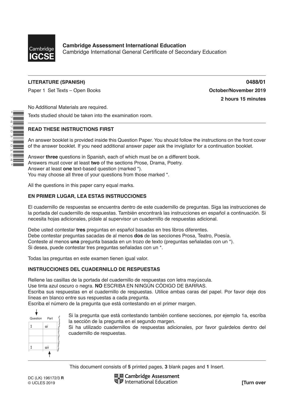 Cambridge IGCSE Spanish - Literature 0488 2019 Oct/Nov Paper 1 · Variant 1 question paper, page 1 of 8