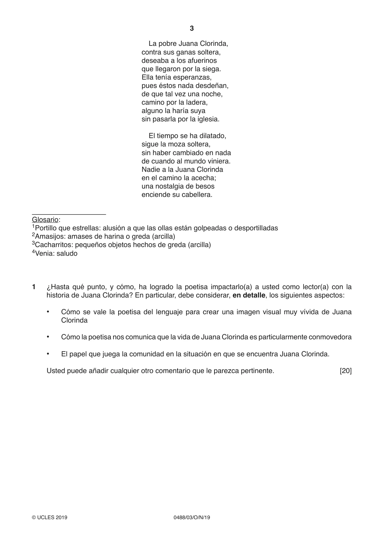 Cambridge IGCSE Spanish - Literature 0488 2019 Oct/Nov Paper 3 · Variant 1 question paper, page 3 of 4