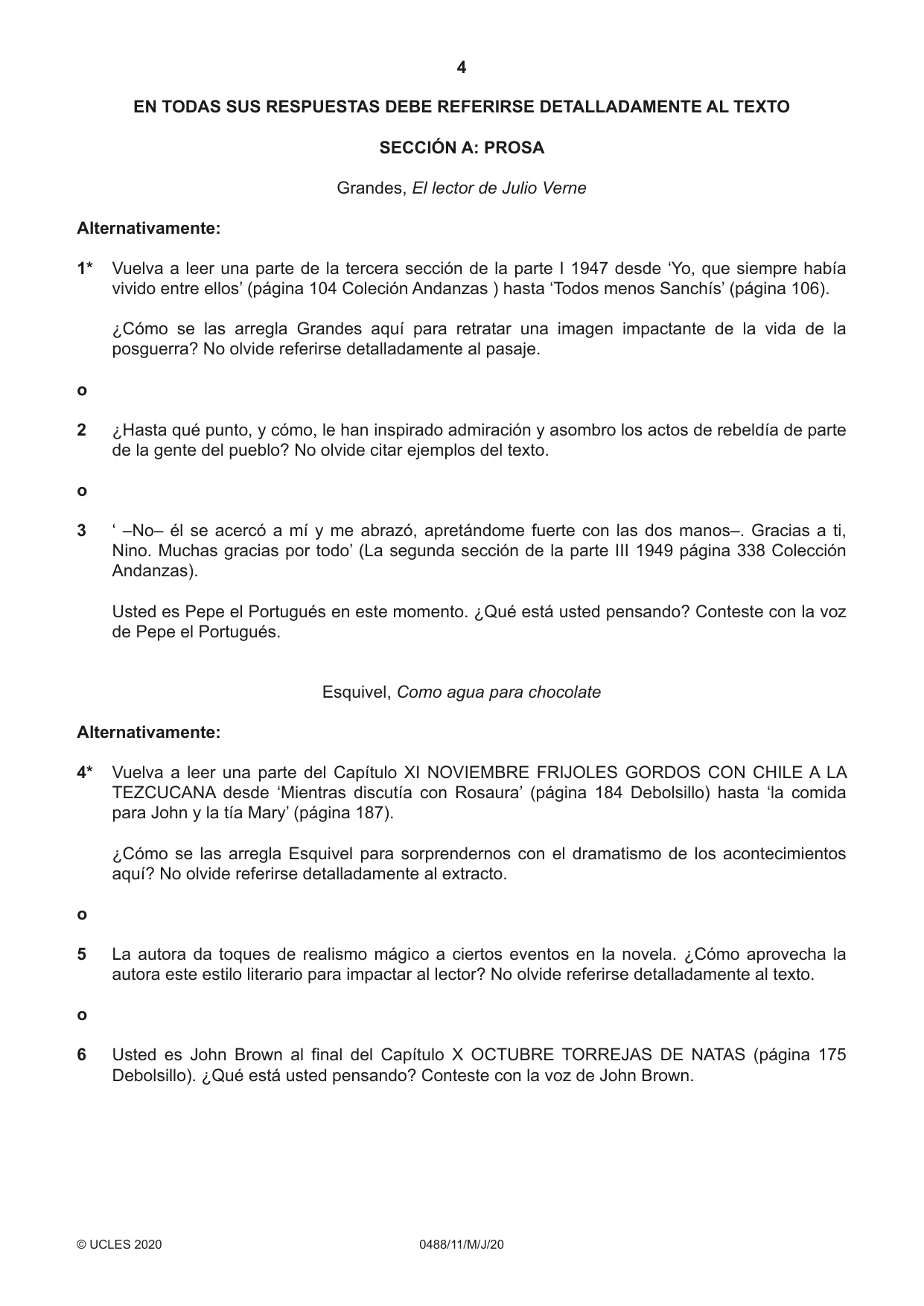Cambridge IGCSE Spanish - Literature 0488 2020 May/June Paper 1 · Variant 1 question paper, page 4 of 8
