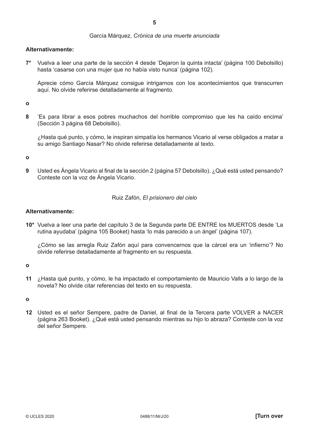 Cambridge IGCSE Spanish - Literature 0488 2020 May/June Paper 1 · Variant 1 question paper, page 5 of 8