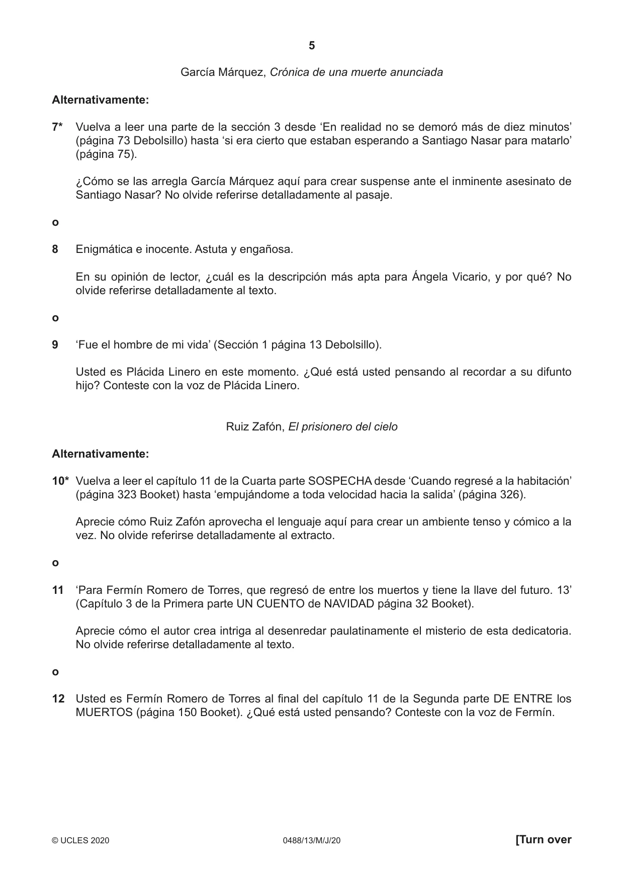 Cambridge IGCSE Spanish - Literature 0488 2020 May/June Paper 1 · Variant 3 question paper, page 5 of 8