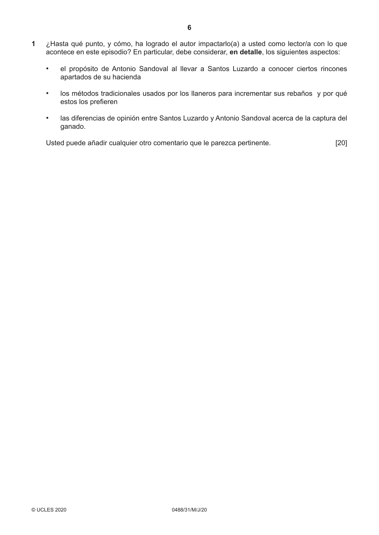 Cambridge IGCSE Spanish - Literature 0488 2020 May/June Paper 3 · Variant 1 question paper, page 6 of 8