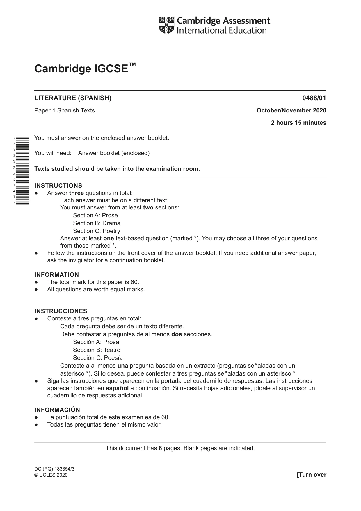 Cambridge IGCSE Spanish - Literature 0488 2020 Oct/Nov Paper 1 · Variant 0 question paper, page 1 of 8