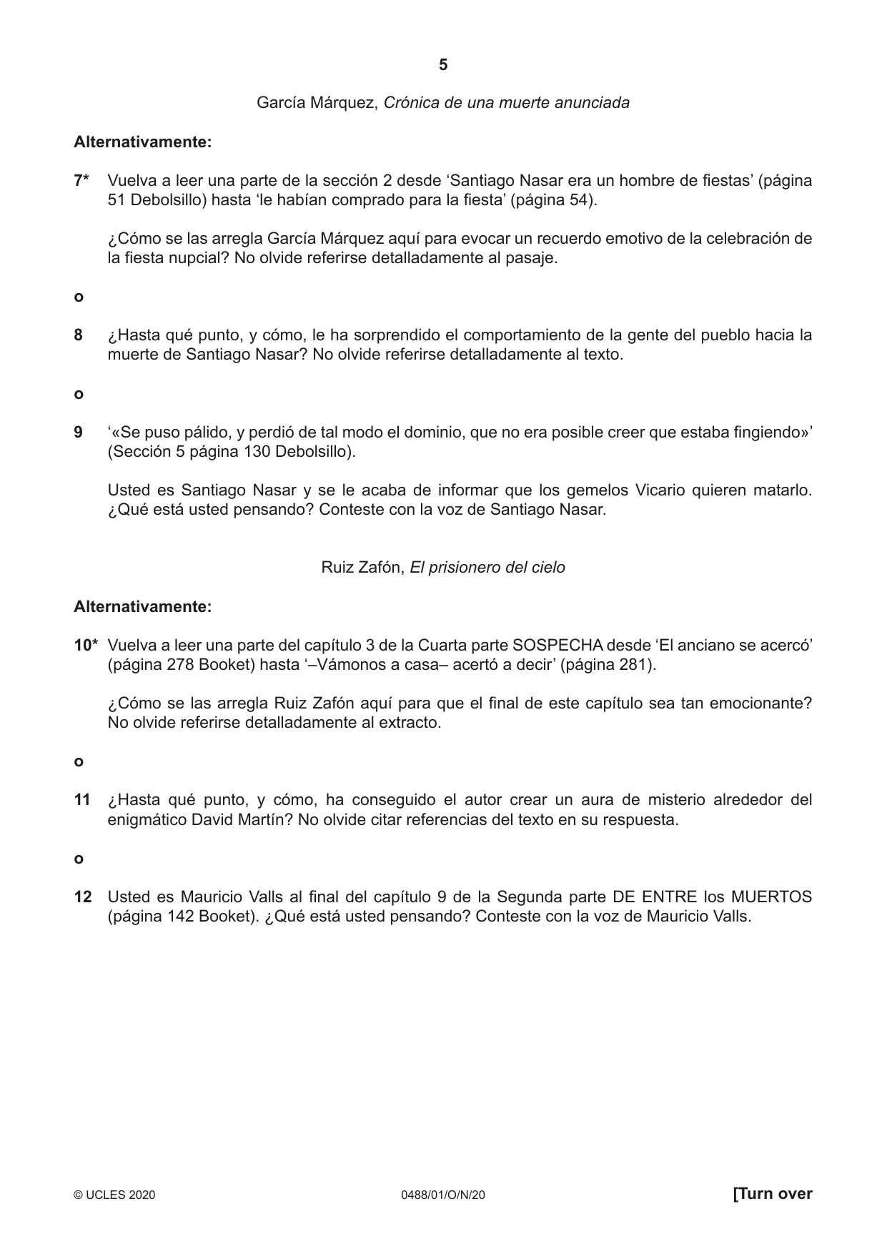 Cambridge IGCSE Spanish - Literature 0488 2020 Oct/Nov Paper 1 · Variant 0 question paper, page 5 of 8