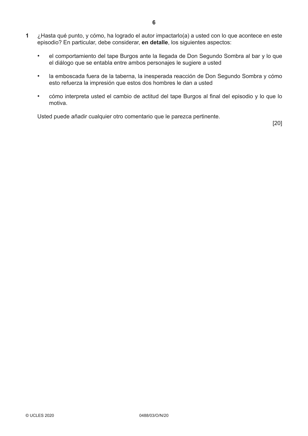 Cambridge IGCSE Spanish - Literature 0488 2020 Oct/Nov Paper 3 · Variant 0 question paper, page 6 of 8