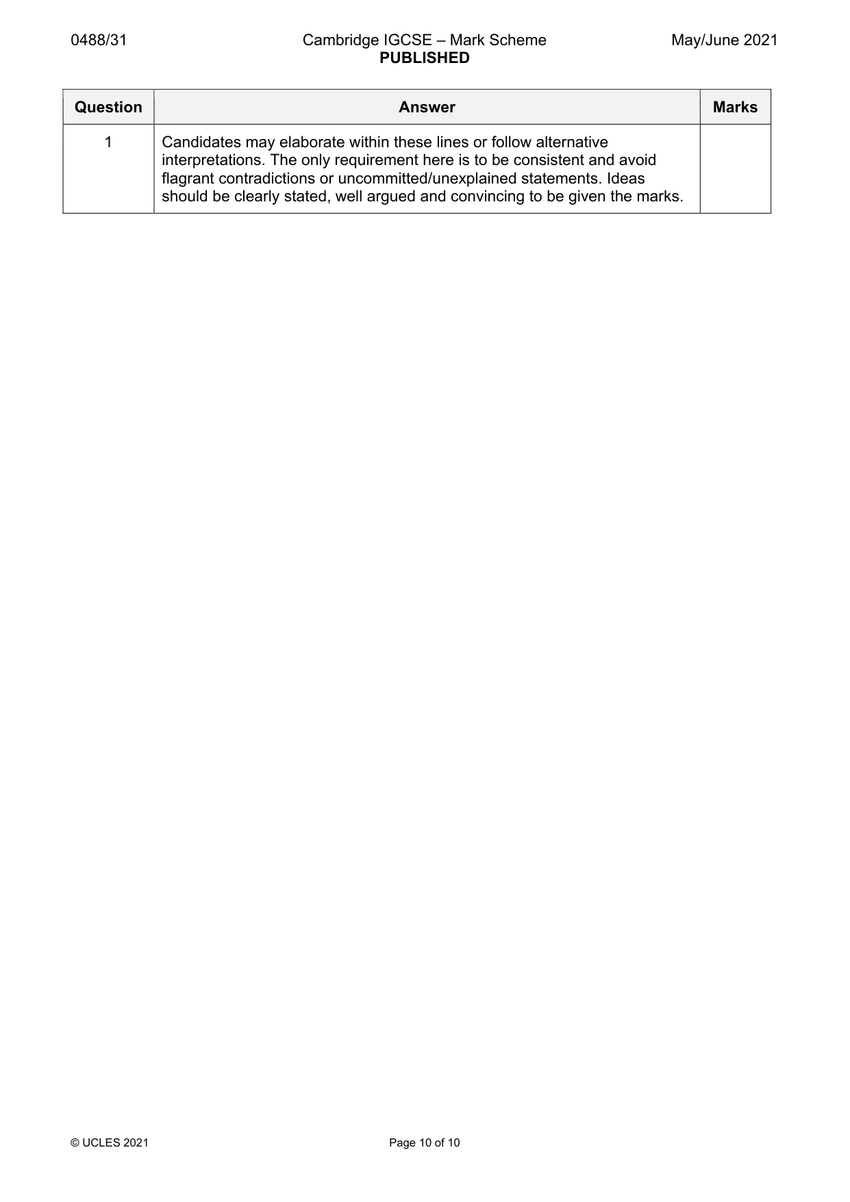 Mark scheme, page 10 of 10